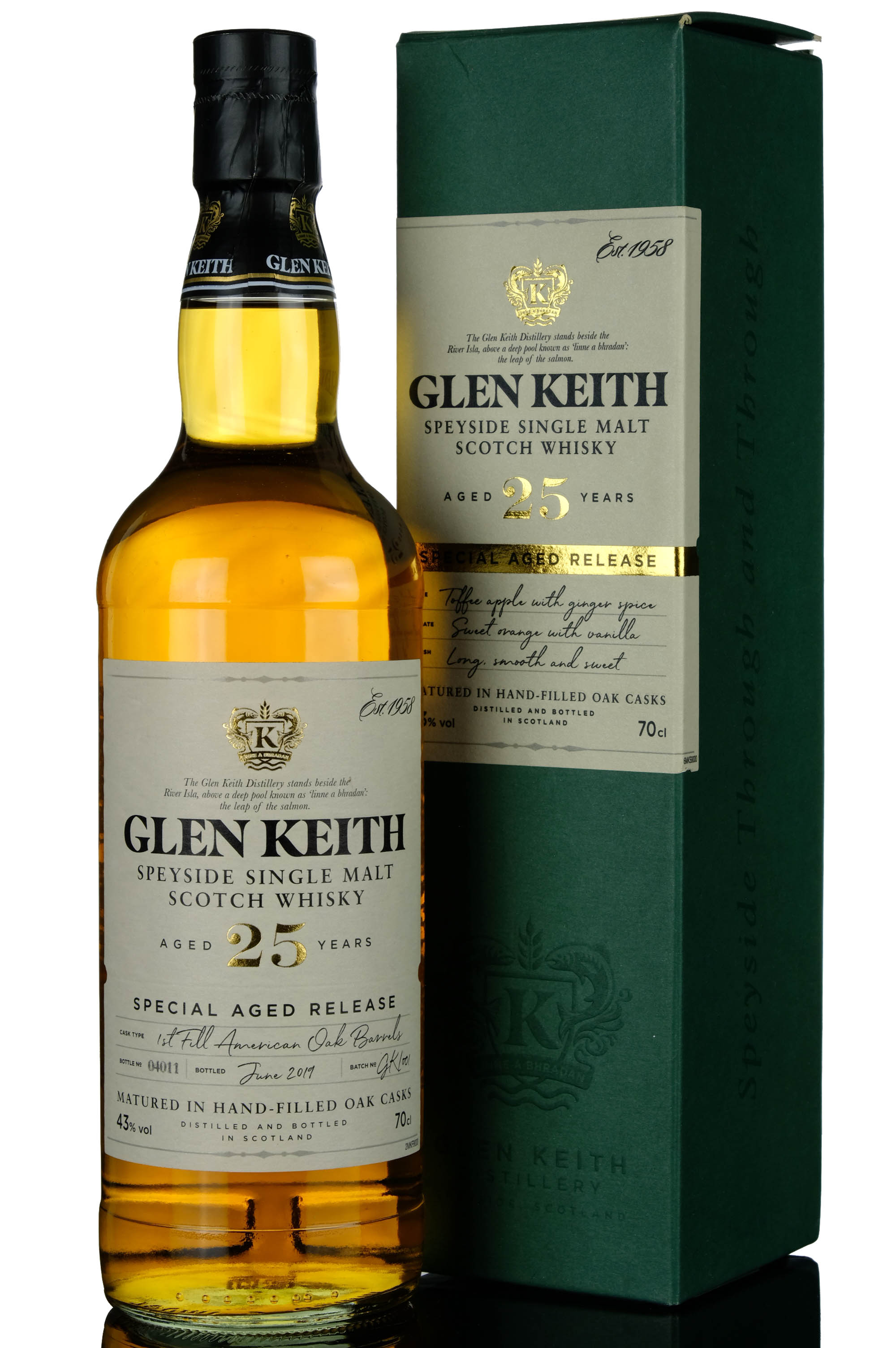 Glen Keith Special Aged Release 25 Year Old, American Oak Cask, Batch No. GK/001, 2019, 43% whisky bottle