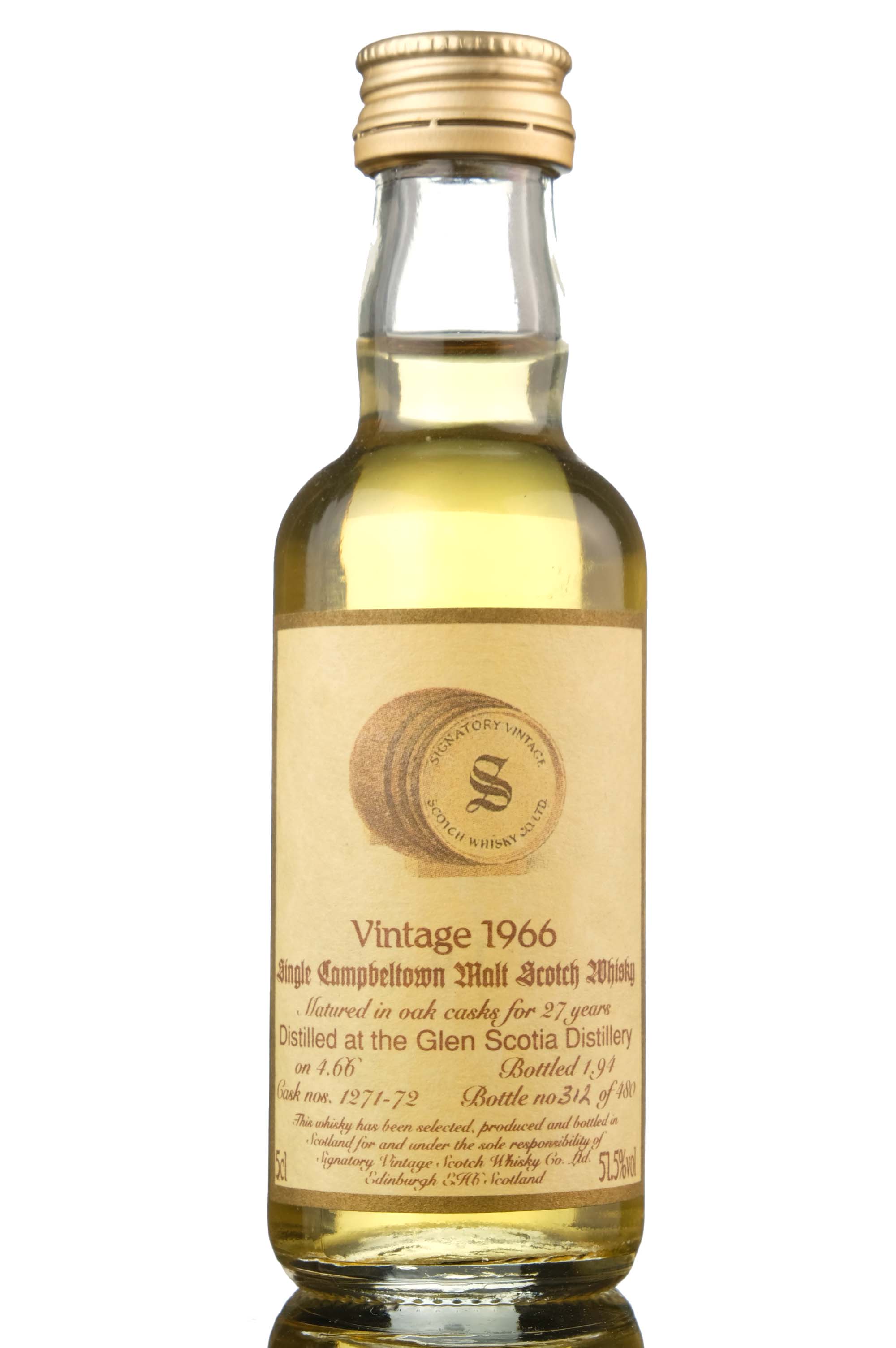 Glen Scotia 1966-1994 - 27 Year Old - Signatory Vintage - Cask 1271-72 - Miniature