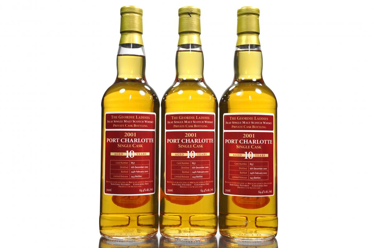 3 x Port Charlotte 2001-2012 - The Geordie Laddies Private Bottling
