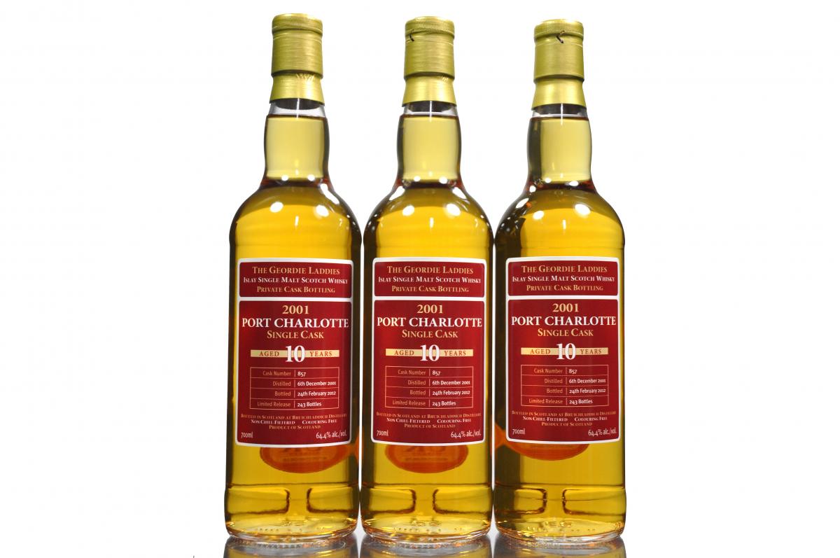 3 x Port Charlotte 2001-2012 - The Geordie Laddies Private Bottling