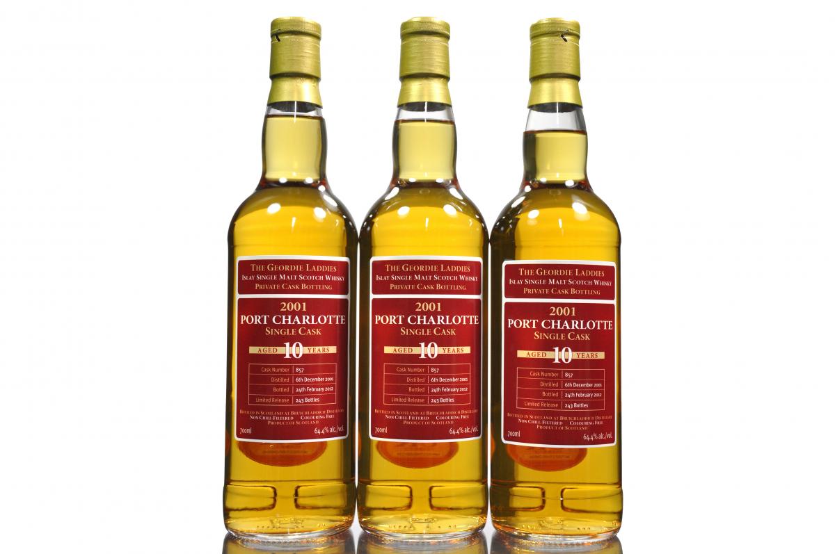 3 x Port Charlotte 2001-2012 - The Geordie Laddies Private Bottling